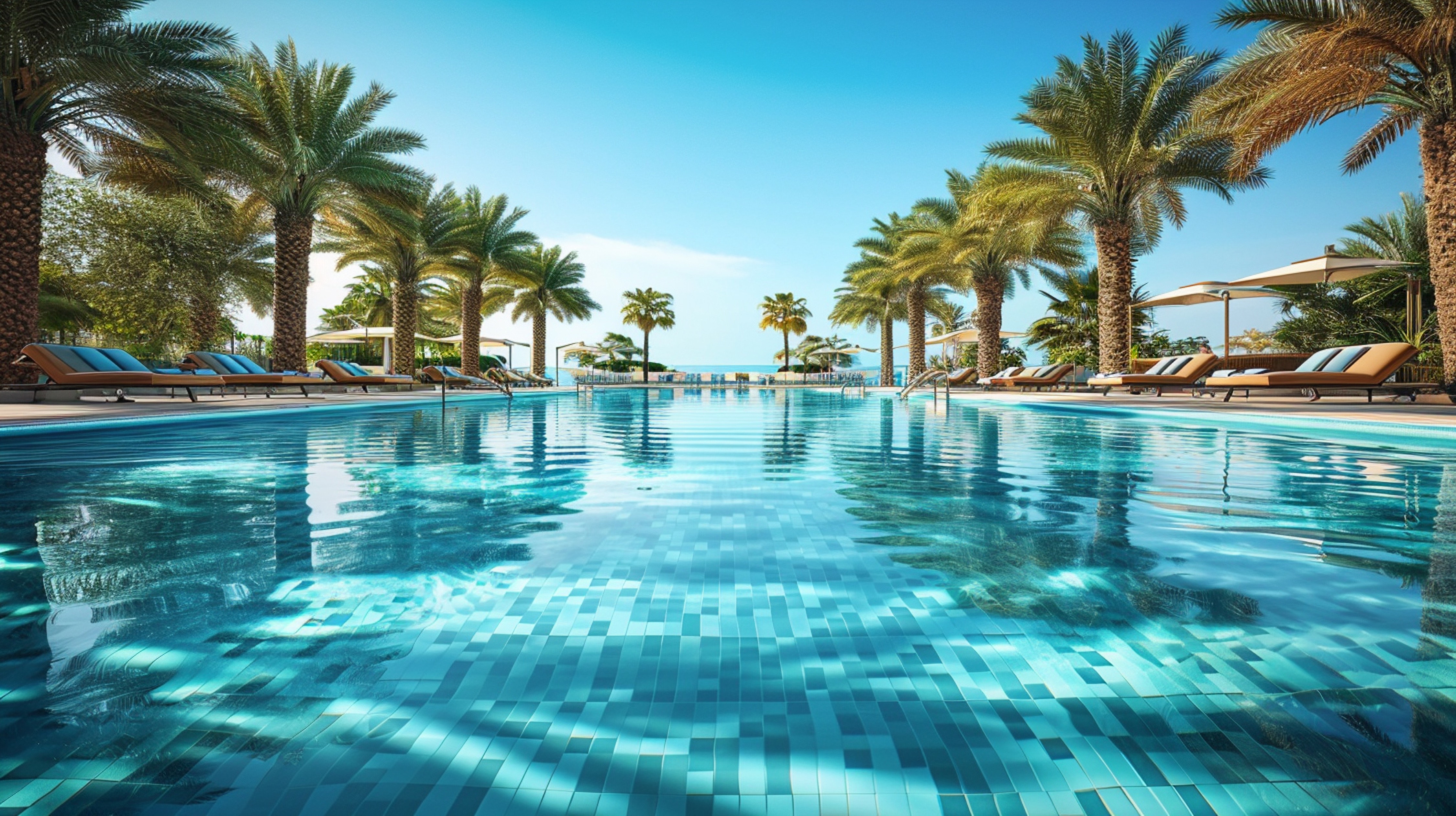 The shimmering surface of a luxurious swimming pool surrounded by palm trees and lounge chairs